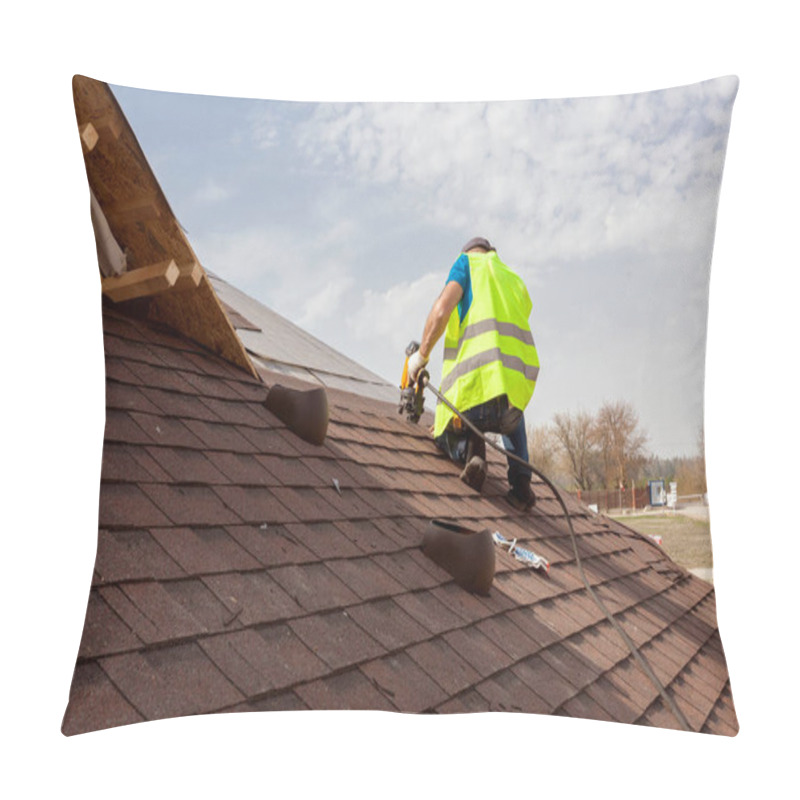 Personality  Construction Worker Putting The Asphalt Roofing (shingles) With Nail Gun On A Large Commercial Apartment Building Development. Pillow Covers