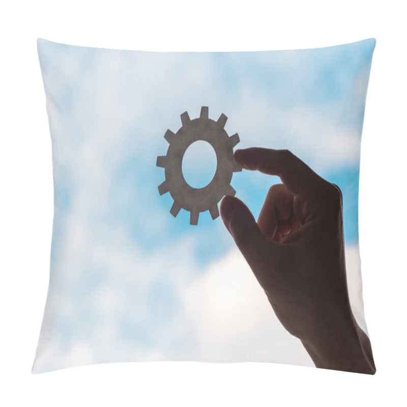 Personality  Cropped View Of Man Holding Gears On Blue Sky Background Pillow Covers