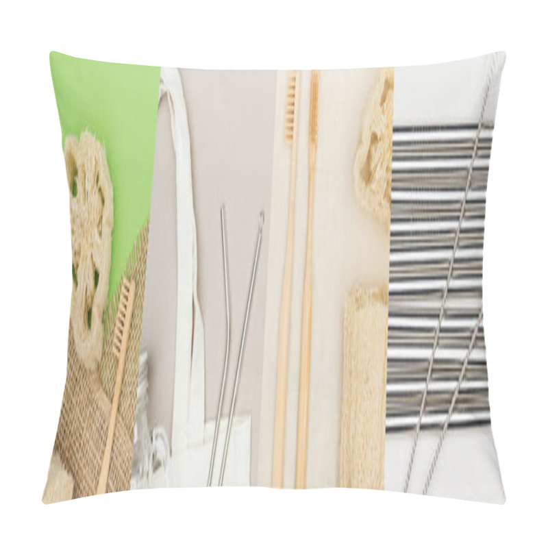 Personality  Collage Of Loofahs, Metallic Straws, Wooden Toothbrushes And Bag, Eco Friendly Concept  Pillow Covers