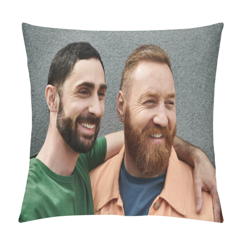 Personality  A Gay Couple In Love, Wearing Casual Attire, Stand Side By Side Against A Grey Wall, Showcasing Their Strong Bond. Pillow Covers