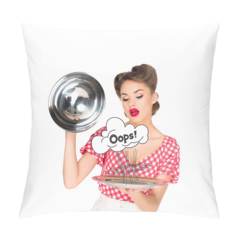 Personality  Beautiful Young Woman In Retro Clothing With Oops Comic Style Symbol On Serving Tray In Hands Isolated On White Pillow Covers