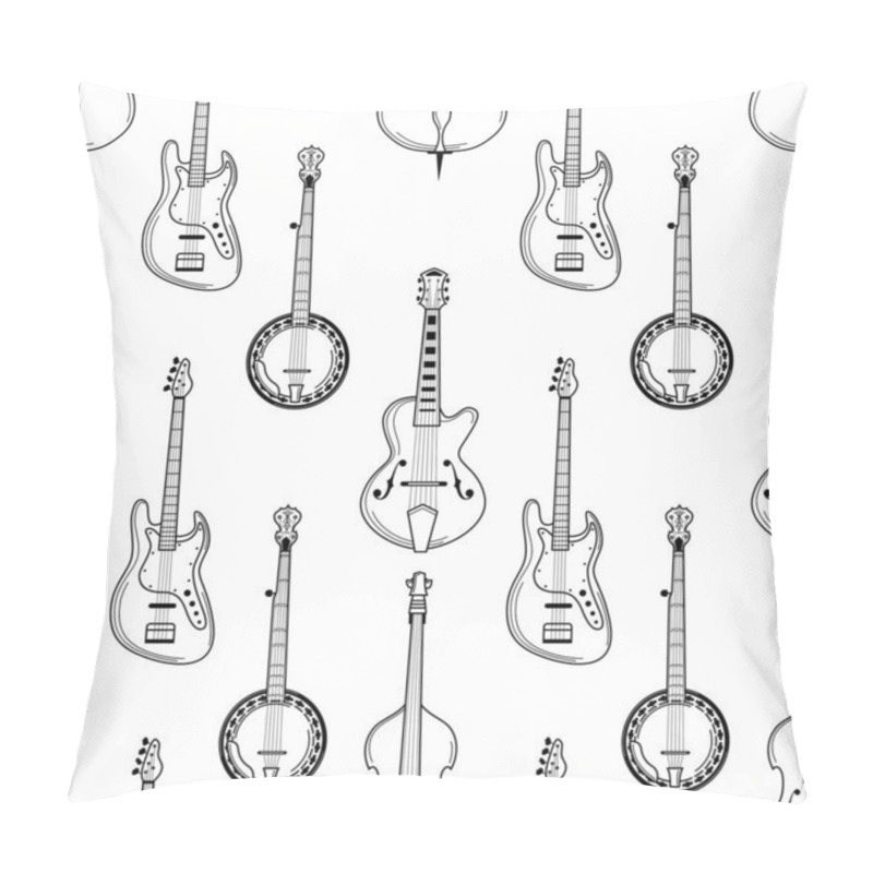 Personality  Strumming Instruments Hand Drawn Outline Seamless Pattern. Guitar, Banjo, Cello Texture. Black Contour String Instruments On White Background. Music Festival, Jazz Performance Wrapping Paper Design Pillow Covers