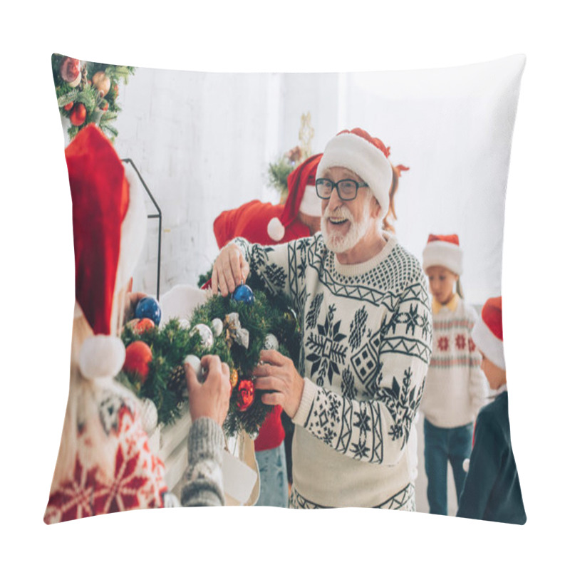 Personality  Happy Senior Man In Santa Hat And Eyeglasses Decorating Spruce Branch Together With Family Pillow Covers