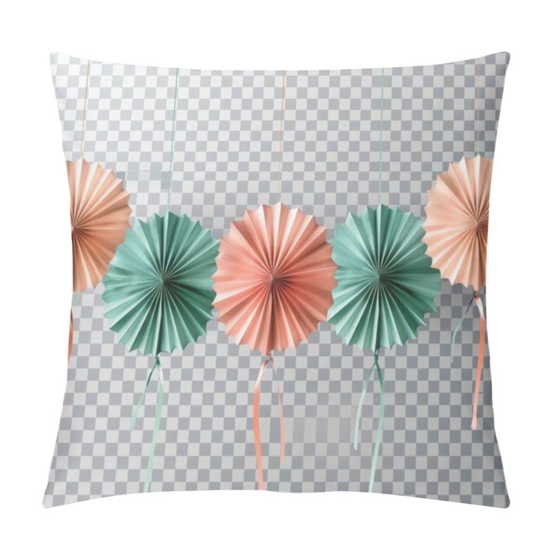 Personality  Colorful Paper Rosettes In Peach And Teal Hang Against A Checkered Background, Adding A Festive Touch To Any Celebration. Pillow Covers