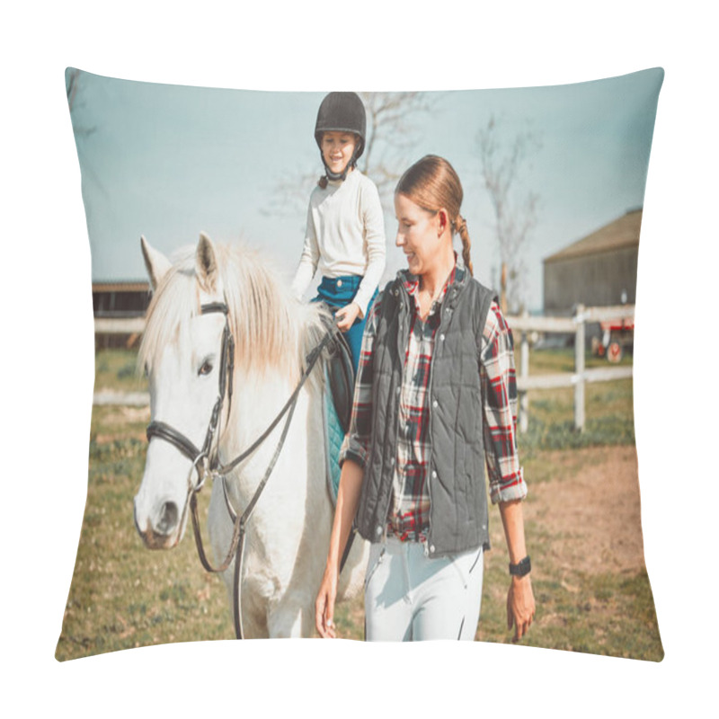 Personality  .Woman, Child On Horse And Happy Ranch Lifestyle And Animal Walking On Field With Girl, Mother And Smile. Countryside, Rural Nature And Farm Animals, Mom Teaching And Helping Kid To Ride Pony In USA Pillow Covers