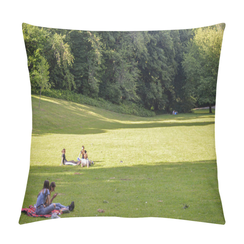 Personality  People Are Resting In The Shade Under A Big Tree, On A Green Meadow In Maksimir. Spring 2020. Zagreb - Croatia Pillow Covers