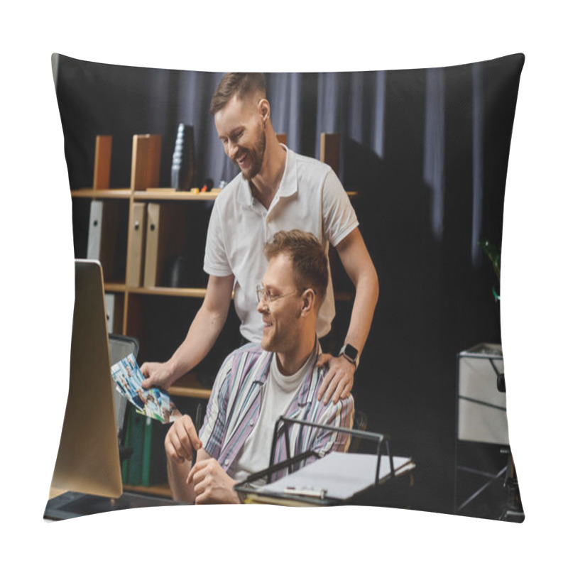 Personality  Two Loving Men Focused On Laptop Tasks Pillow Covers