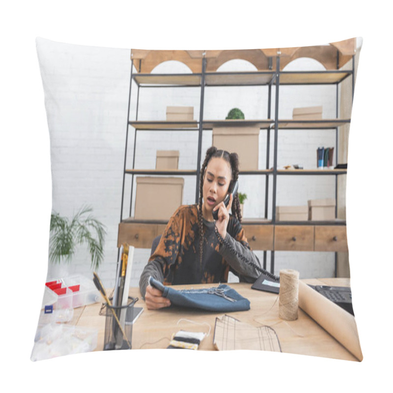 Personality  Young African American Craftswoman Talking On Telephone And Holding Cloth In Workshop  Pillow Covers