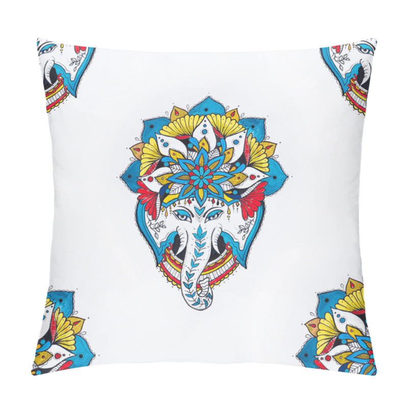 Personality  Seamless Drawing Of An Elephants Head In A Mandala On A White Background. Pillow Covers