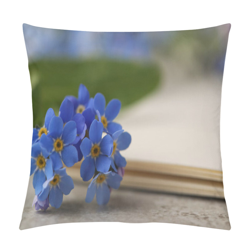 Personality  Beautiful Forget-me-not Flowers And Paper On Grey Table, Closeup. Space For Text Pillow Covers