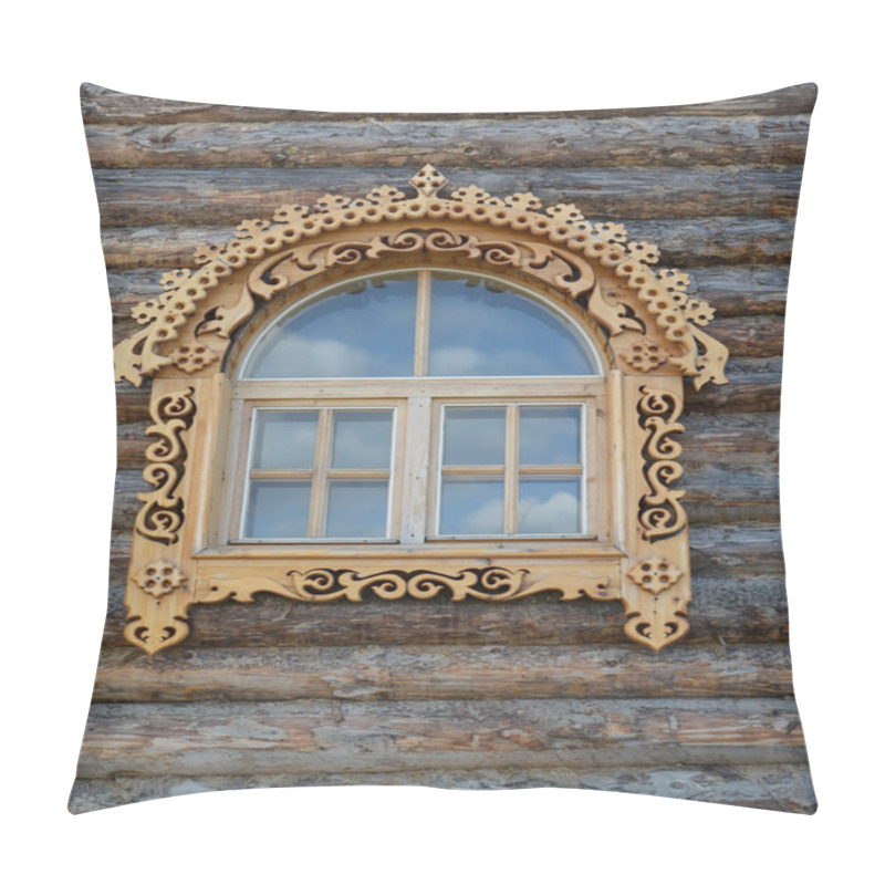 Personality  Window With Wooden Carved Platbands On A Timbered Wall Pillow Covers