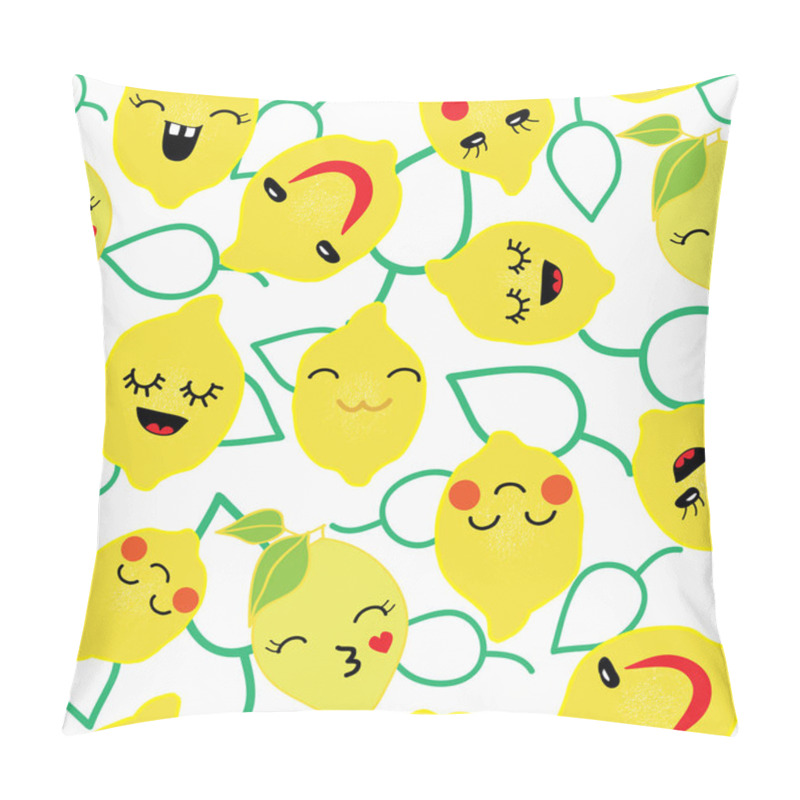 Personality  Vector Kawaii Lemon With Cute Black Eyes Seamless Pattern Kawaii Fruit With Emotional Faces And Green Leaves Outlines Seamless Pattern Pillow Covers