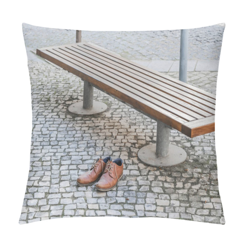 Personality  Brown Leather Shoes On A Cobblestone Pavement Next To A Bench In An Urban Setting. Pillow Covers