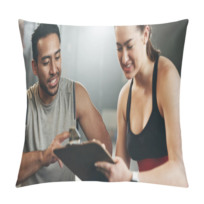 Personality  Man, Woman And Clipboard With Writing In Gym, Sign Up And Planning For Ideas, Workout And Smile With Info. Personal Trainer, Paperwork And Signature For Fitness, Checklist Or Agreement For Wellness. Pillow Covers