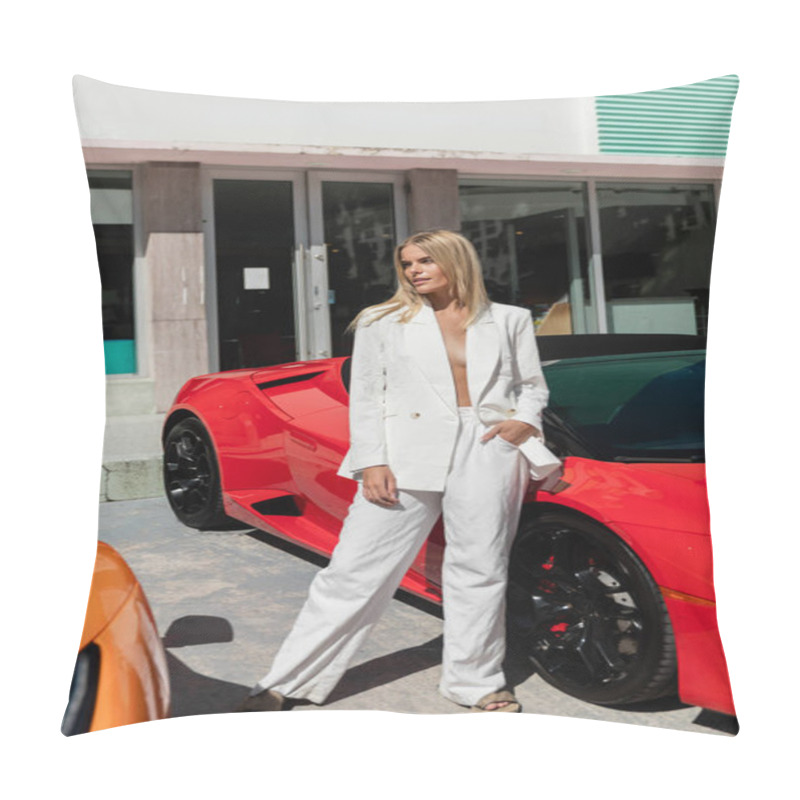 Personality  A Young, Beautiful Blonde Woman Standing Confidently Next To A Vibrant Red Sports Car In Miami. Pillow Covers