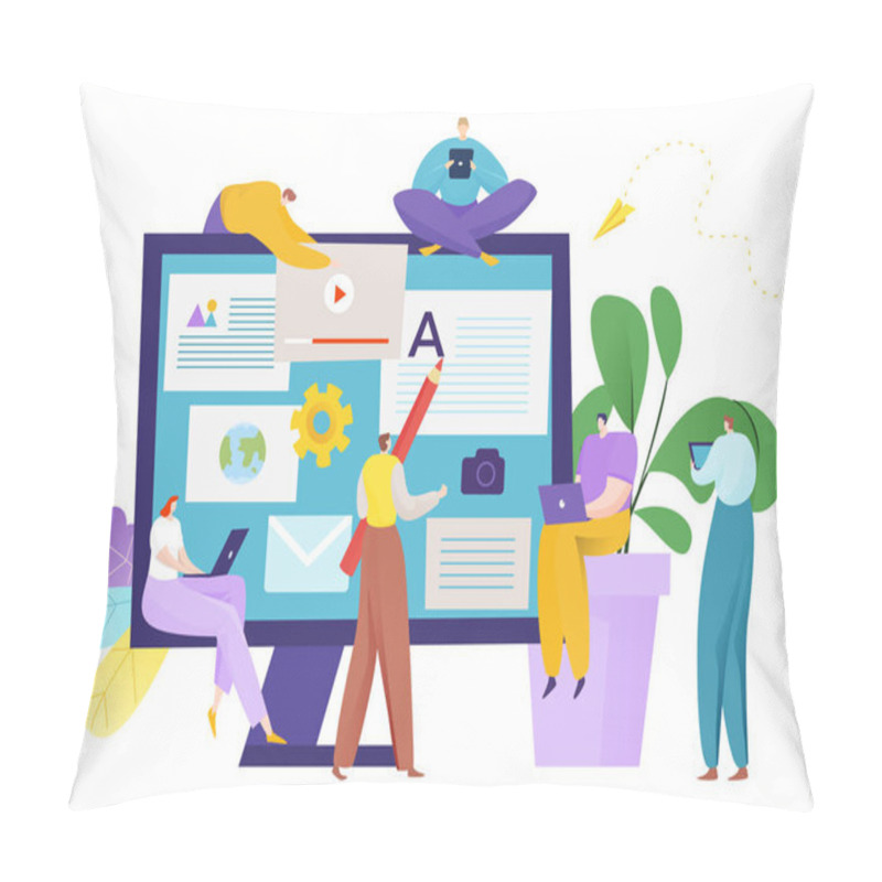 Personality  Internet Content Concept, Vector Illustration. Online Flat Marketing At Computer Technology, Team Blogger Design. People Blogging Media Pillow Covers