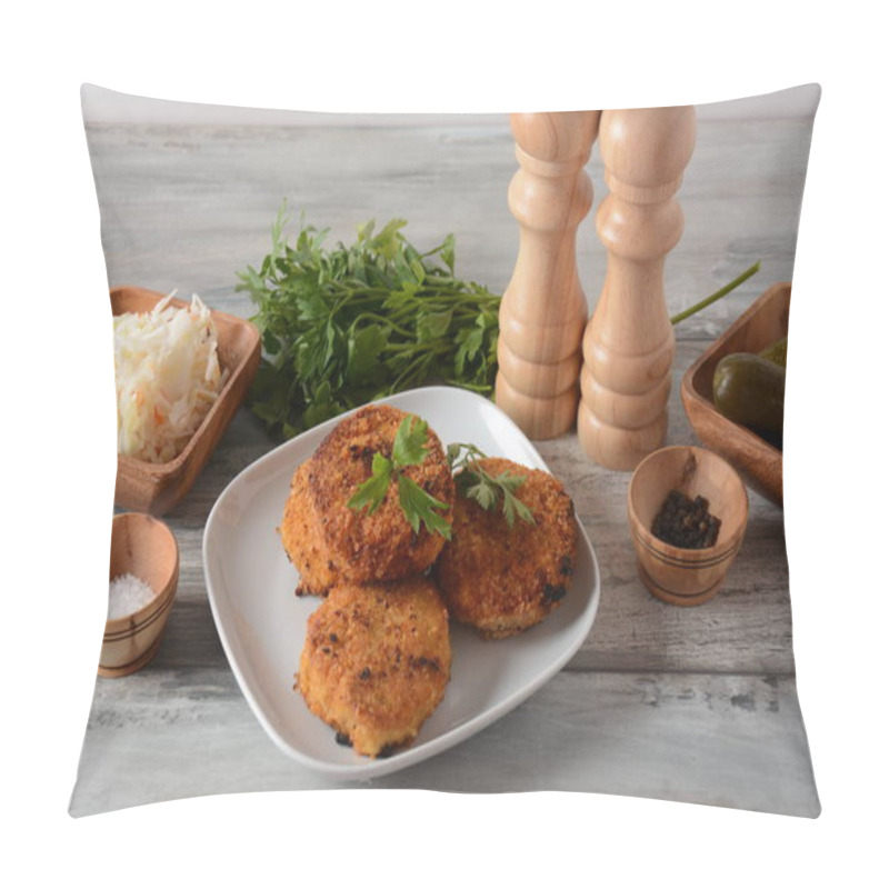 Personality  Juicy Fried Homemade Chicken Cutlets. Coated With Breadcrumbs, Delicious, In White Dish With Herbs. On Old Wooden Background, Rustic Style  Pillow Covers