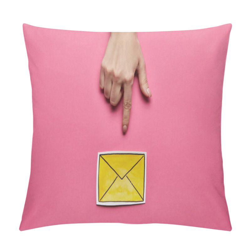 Personality  Top View Of Hand Pointing At Yellow Mail Sign On Pink Background Pillow Covers