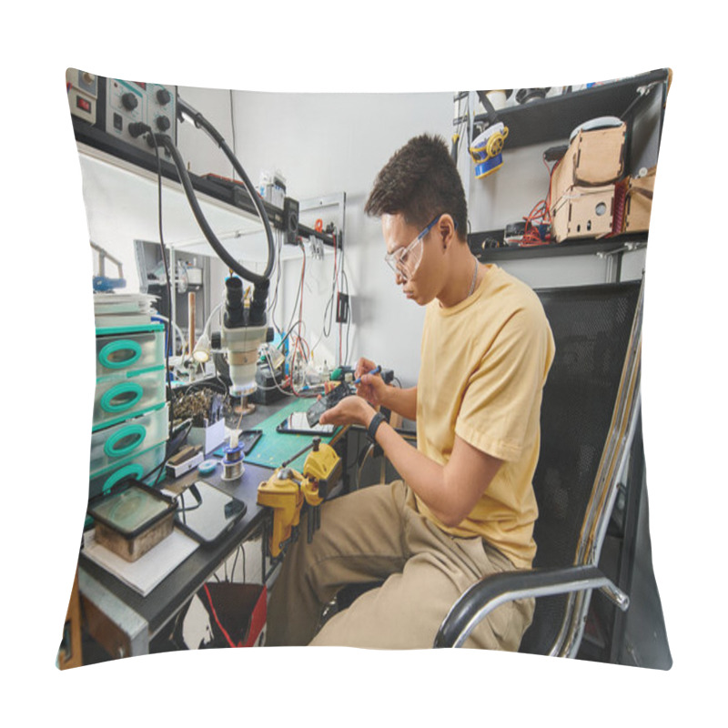 Personality  Professional Asian Technician In Goggles Maintaining Electronic Devices At Workplace In Repair Shop Pillow Covers