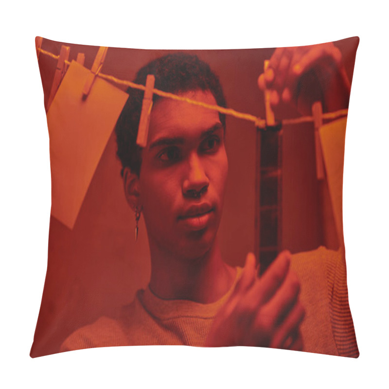 Personality  Young African American Man Hangs Freshly Developed Film Strip In A Red-lit Darkroom, Timeless Pillow Covers