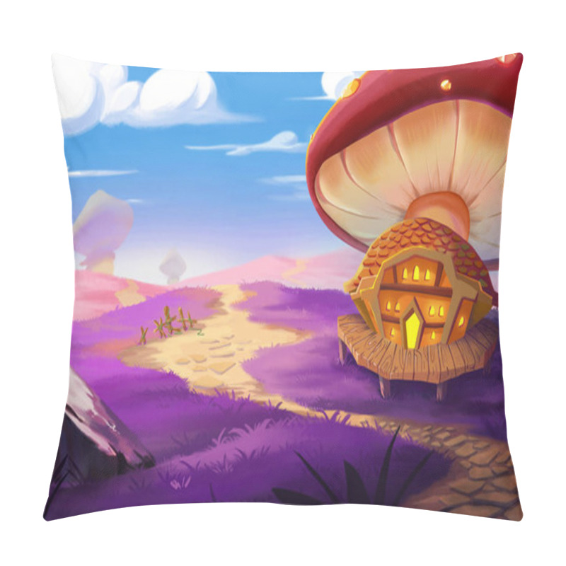 Personality  Fantastic Land, A Huge Mushroom And A House Built Near It. Realistic Fantastic Cartoon Style Scene, Wallpaper, Background Design. Illustration Pillow Covers