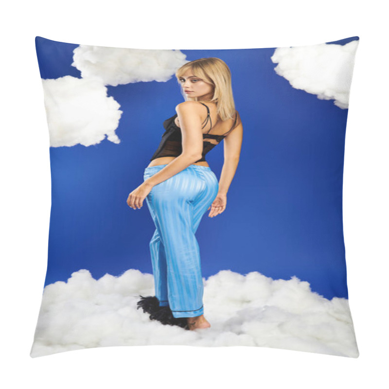 Personality  A Captivating Blonde Woman In Vibrant Attire Stands Atop A Pile Of Clouds In A Heavenly Setting. Pillow Covers