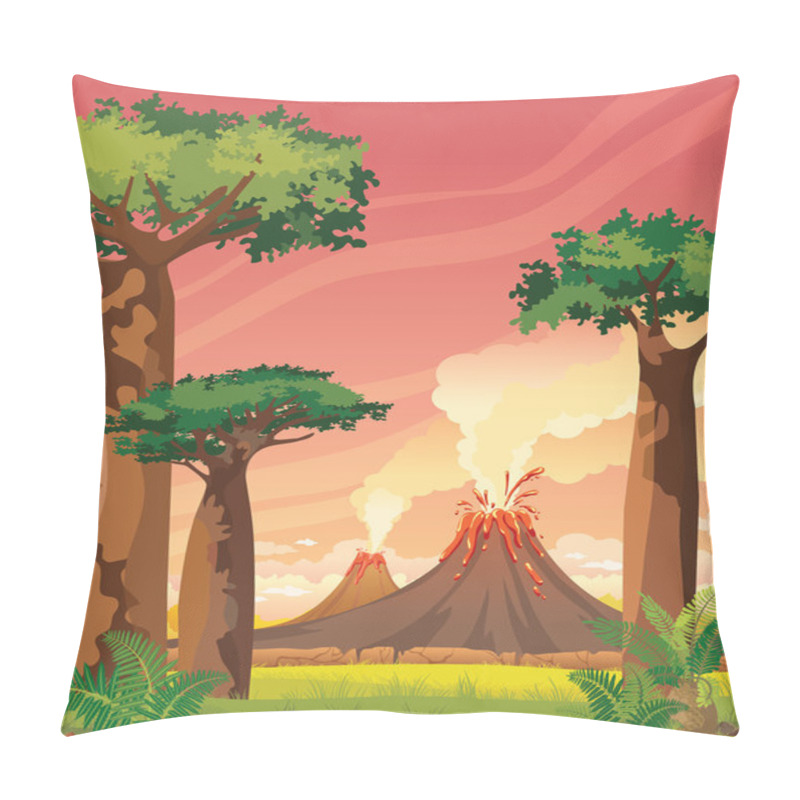 Personality  Prehistoric Landscape - Smoky Volcanoes And Baobabs. Pillow Covers