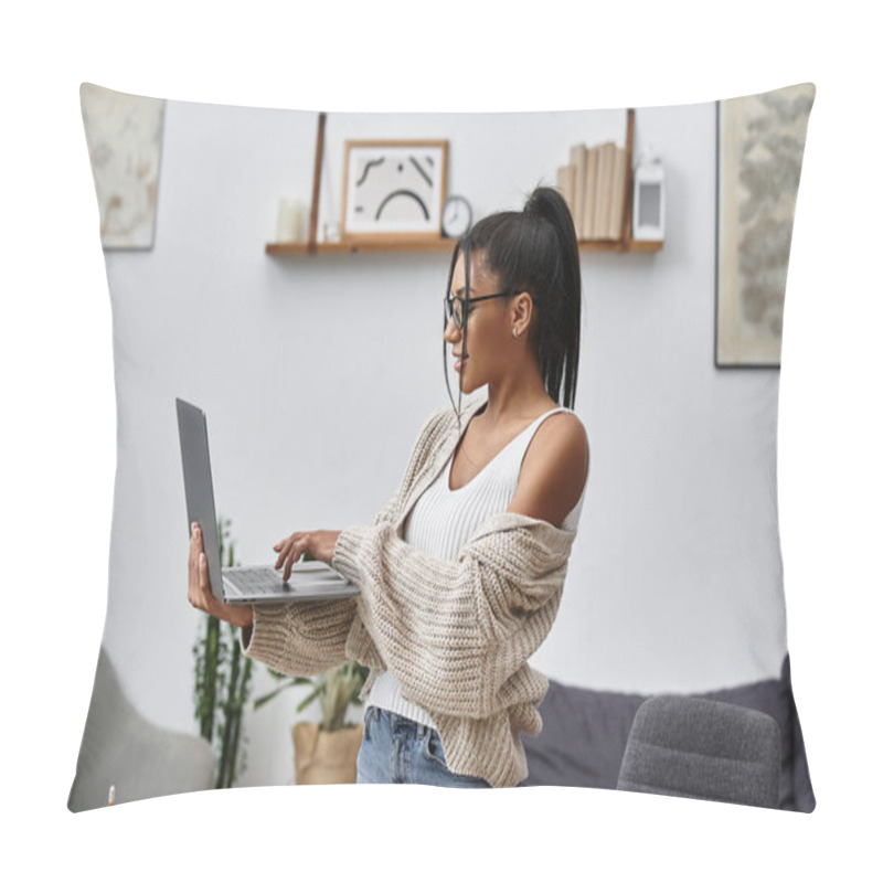 Personality  The Woman Engages With Her Laptop, Enjoying A Productive Study Session In Her Stylish Home. Pillow Covers