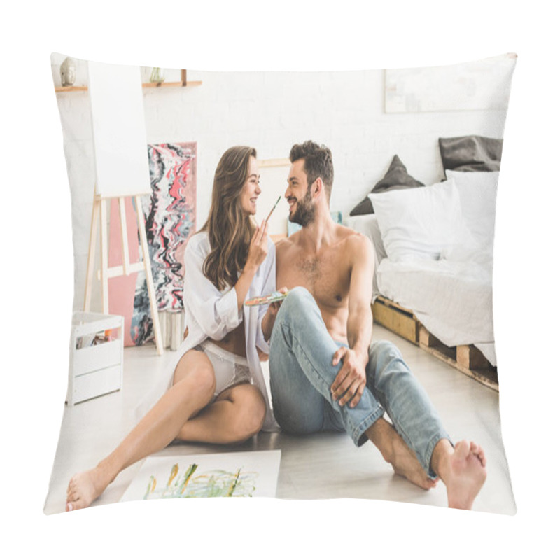 Personality  Sexy Couple Sitting On Floor And Looking At Each Other While Girl Trying To Paint Face Of Man Pillow Covers