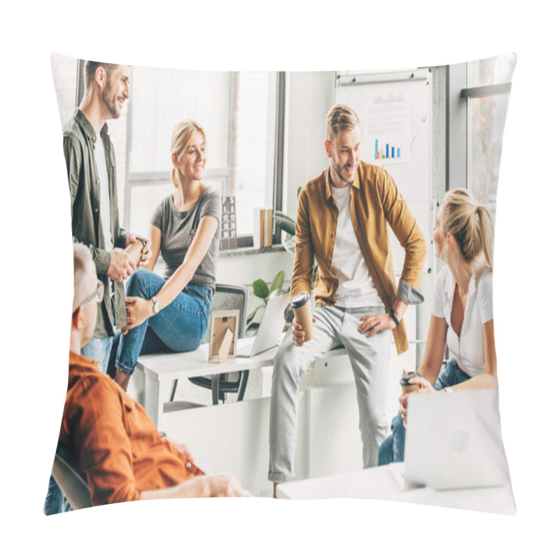 Personality  Group Of Young Entrepreneurs Chatting While Working On Startup Together At Office Pillow Covers