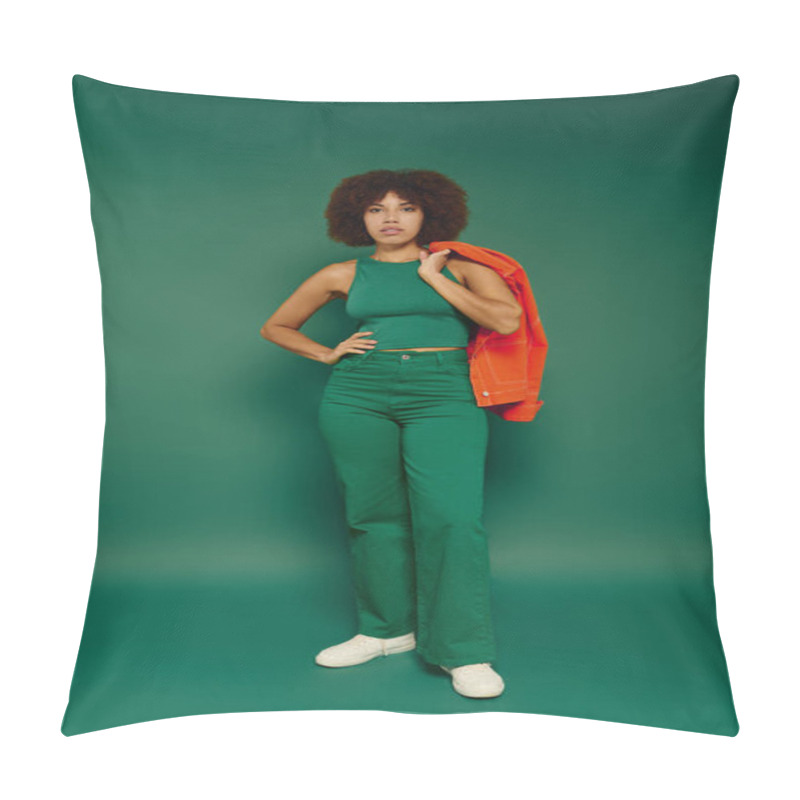 Personality  A Young African American Woman With Curly Hair Expresses Her Style While Wearing A Casual Outfit. Pillow Covers