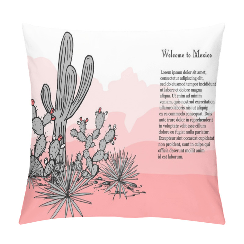 Personality  Cacti Group. Prickly Pear Cactus, Blue Agaves, And Saguaro. Mexico Hand Drawn Card. Vector Illustration. Stylish Palette. Mountains Background. Pillow Covers