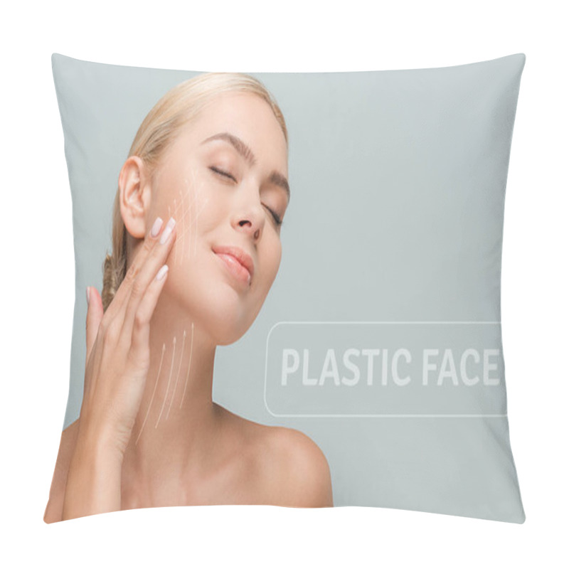 Personality  Smiling Woman Touching Face With Facelift Marks Isolated On Grey With Plastic Face Illustration Pillow Covers