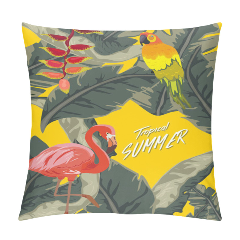 Personality  Tropical Jungle Rainforest Plants Flowers Birds, Flamingo , Toucan Border Background  Pillow Covers