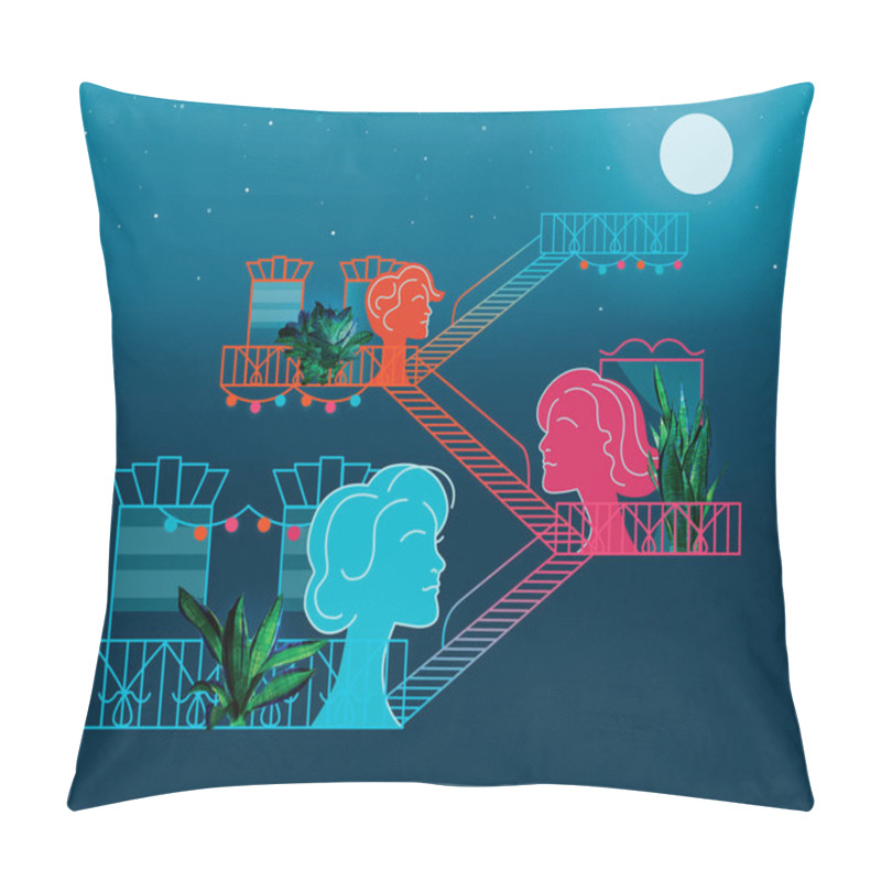 Personality  Friendship Of People In Adulthood, Creative Illustration, Abstract Women On The Balcony With Flowers, Stairs For Communication In Quarantine, Night Sky. Pillow Covers