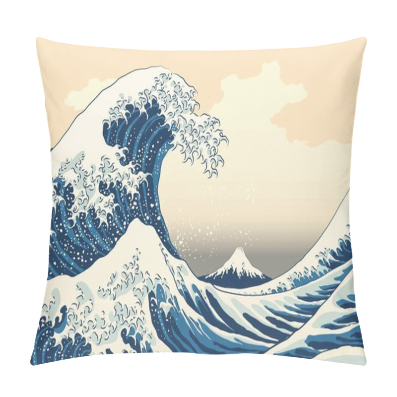 Personality  The Great Wave Off Kanagawa Painting Reproduction Vector Illustration. Old Japanese Artwork With Big Wave And Mountain Fuji On The Background. Pillow Covers