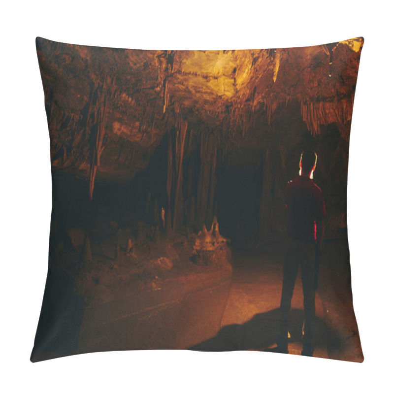 Personality  Silhouette Lone Person In Cave With One Light Source Stalagmites And Stalactites Pillow Covers