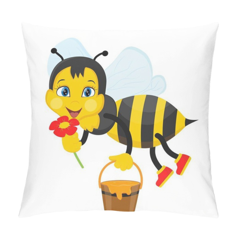 Personality  Cute Bee With A Pot Of Honey. Vector Illustration In Cartoon Style. Pillow Covers