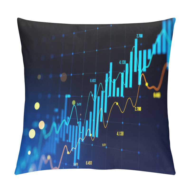 Personality  Glowing Candlestick Forex Chart On Blurry Blue Background. Trade, Finance And Stock Concept. 3D Rendering Pillow Covers