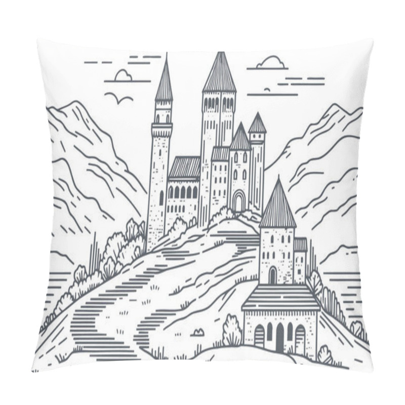 Personality  Detailed Line Art Illustration Of A Medieval Castle With Surrounding Landscape Suitable For Historical Or Fantasy Themed Projects Pillow Covers