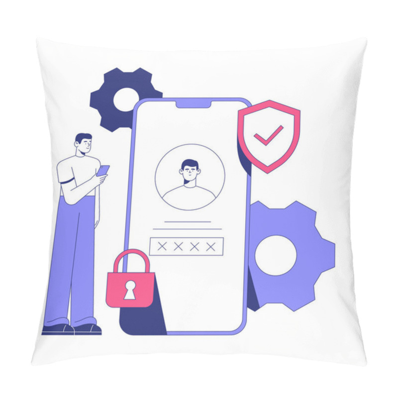 Personality  User Securing Login With A Mobile App Featuring Authentication Details, Surrounded By Gear And Lock Icons, Symbolizing Online Safety, Cybersecurity, And Account Protection. Pillow Covers