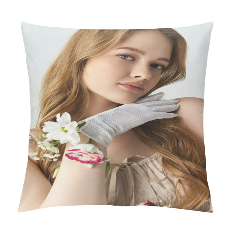 Personality  A Beautiful Young Woman Adorned With Flowers Exudes Charm And Poise. Pillow Covers