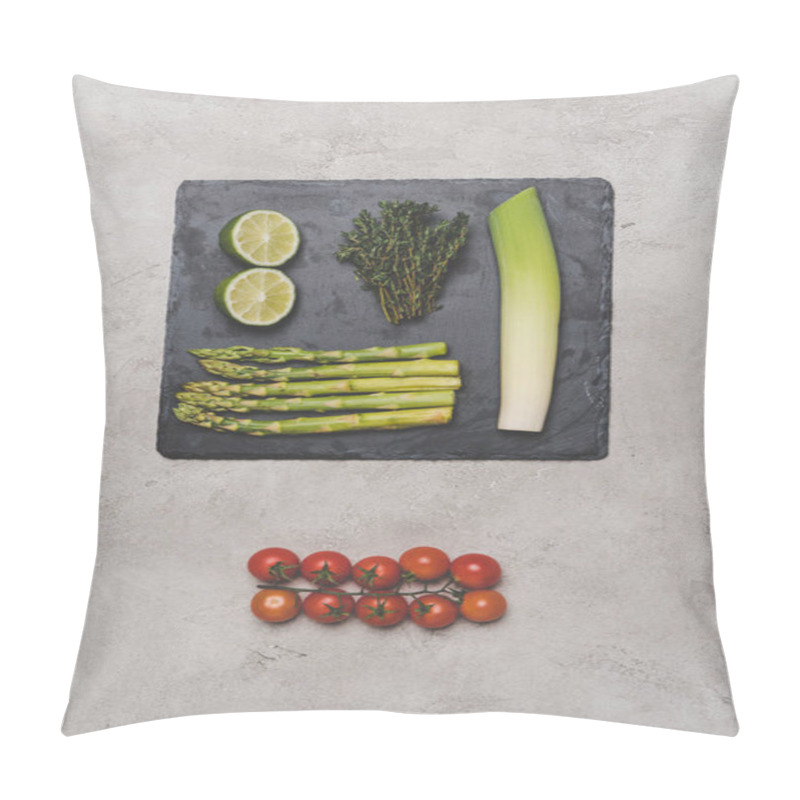 Personality  Top View Of Tomatoes, Lime, Leek And Asparagus On Slate Board On Grey Pillow Covers