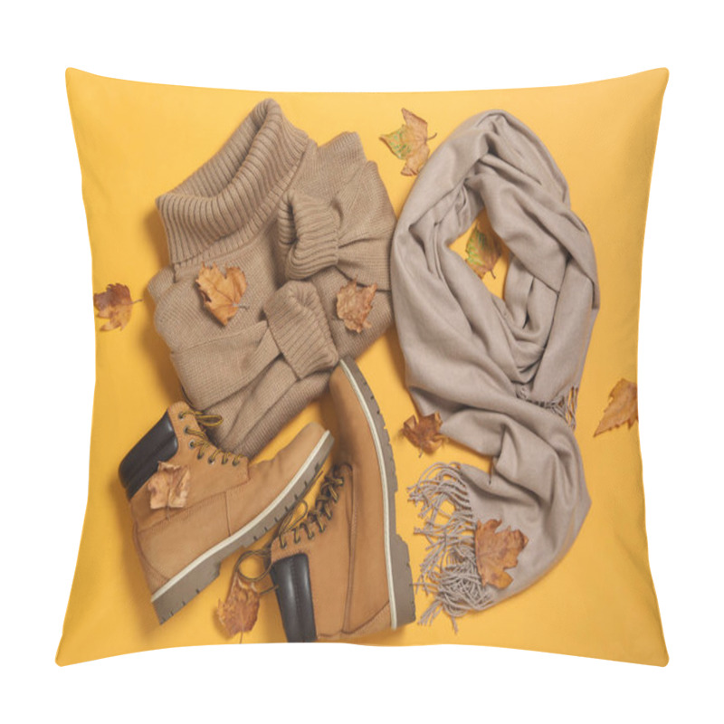 Personality  Flat Lay Composition With Sweater And Dry Leaves On Yellow Background. Autumn Season Pillow Covers