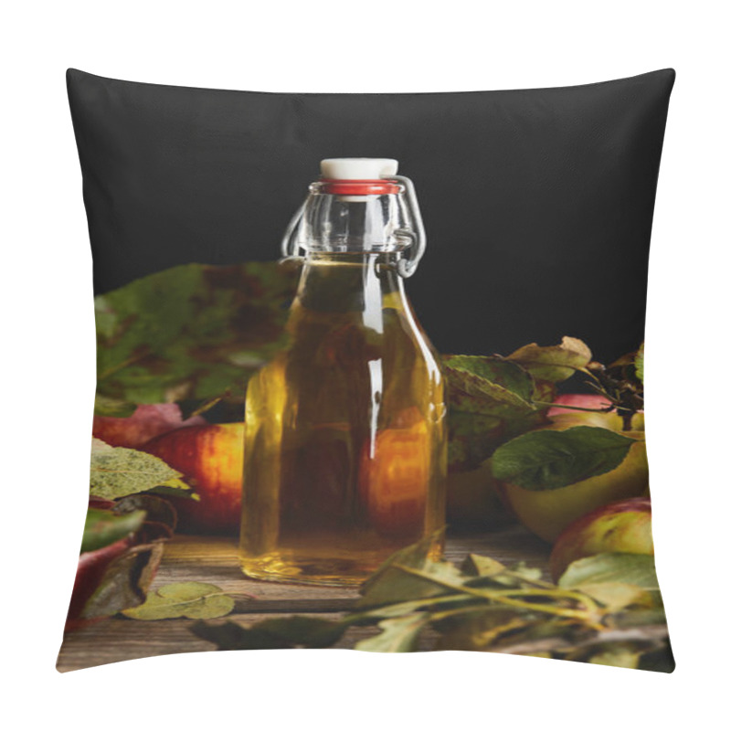 Personality  Fresh Homemade Cider In Bottle Near Ripe Apples And Leaves On Wooden Surface Isolated On Black Pillow Covers