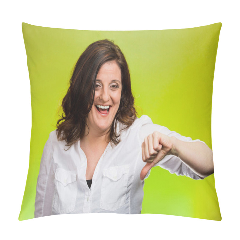 Personality  Sarcastic Happy Woman Showing Thumbs Down Hand Gesture Pillow Covers