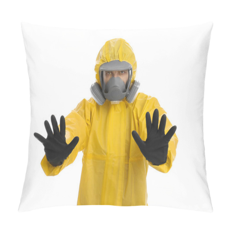 Personality  Man Wearing Chemical Protective Suit Showing STOP Gesture On White Background. Prevention Of Virus Spread Pillow Covers