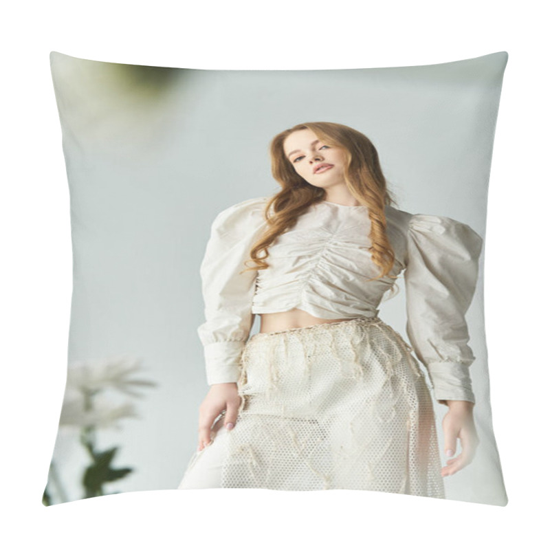 Personality  A Young Woman Stands Beautifully Adorned With Flowers, Exuding Elegance And Charm. Pillow Covers