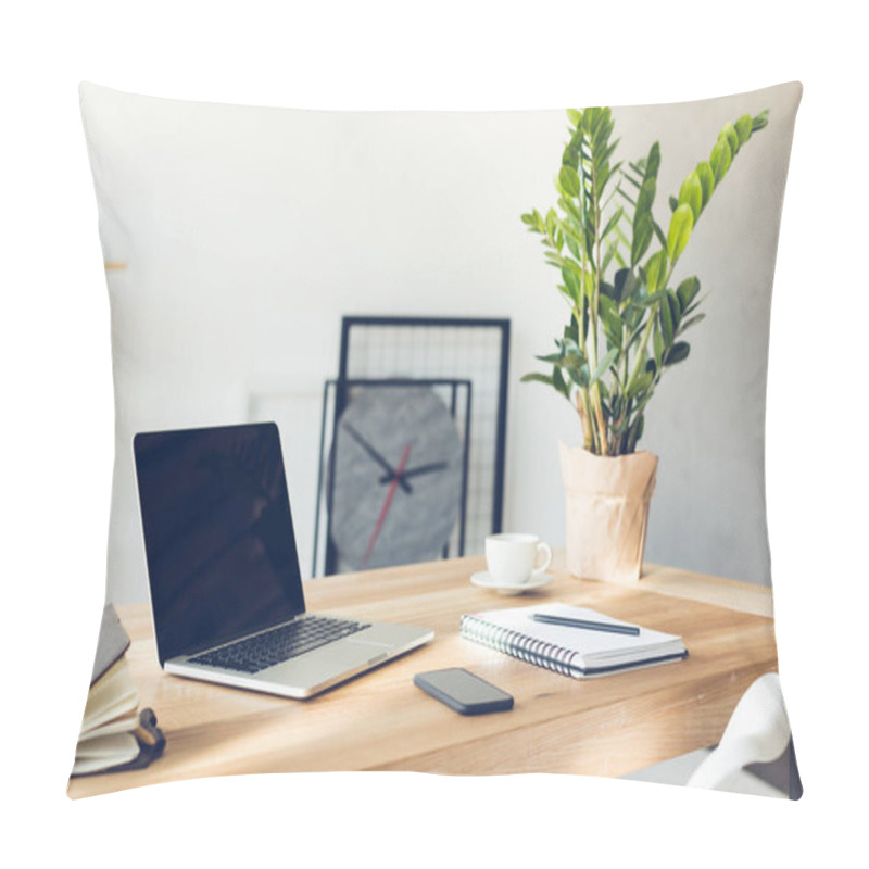 Personality  Design Of Workplace In Home Office With Modern Equipment And Objects Pillow Covers