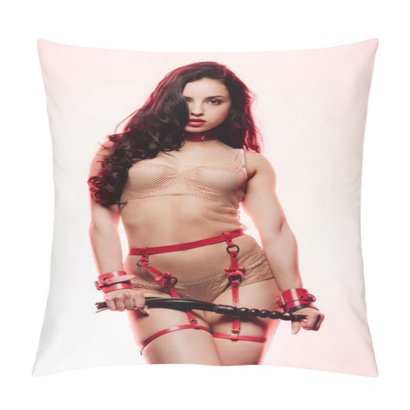 Personality  Sexy Brunette Young Woman In Red Swordbelt, Collar And Handcuffs Holding Flogging Whip On Light Background Pillow Covers